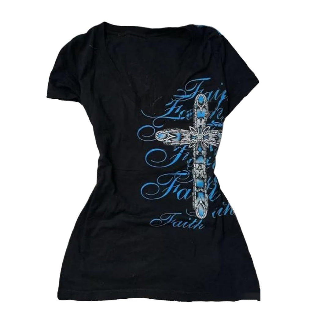 Grunge Shirts Emo Clothes Teen Girls Vintage Graphic Tee Y2k 2000s Goth Top Women Mcbling Short Sleeve Streetwear
