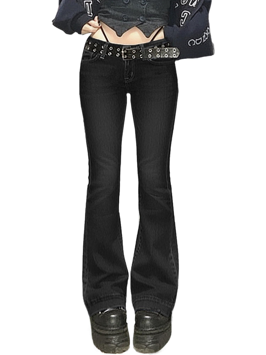 Women Bell Bottom Jeans Stretchy Flare Mid Rise Embroidery Vintage Denim Pants 90s Outfits Y2k Clothes