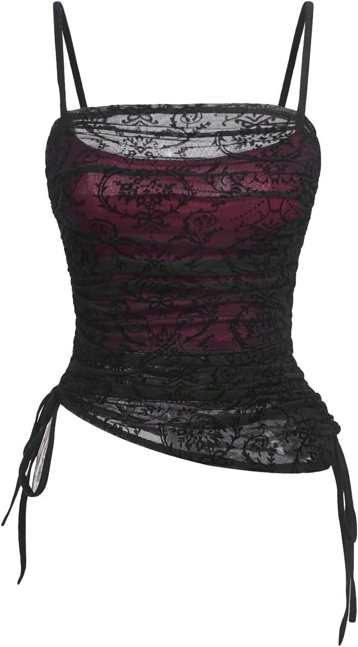 SOLY HUX Women's Ruched Lace Cami Top Drawstring Sleeveless Clubwear Sexy Gothic Tops
