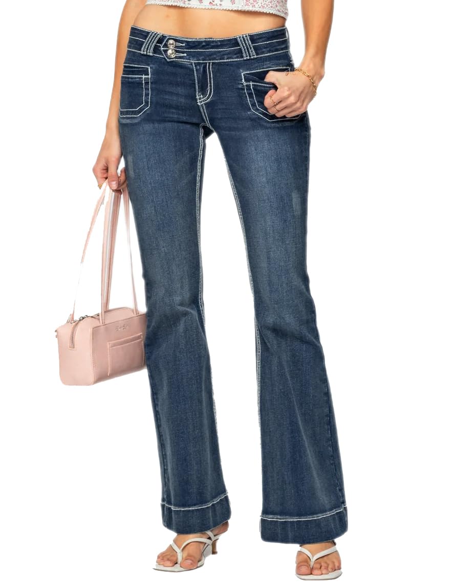 Women's Stretch Low Rise Double Button Elastic Skinny Vintage Flare Jeans