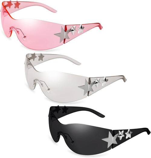 3 Pairs Y2K Sunglasses for Women Men Trendy Shield Wrap Around Sun Glasses Oversized Fashion Frameless Glasses