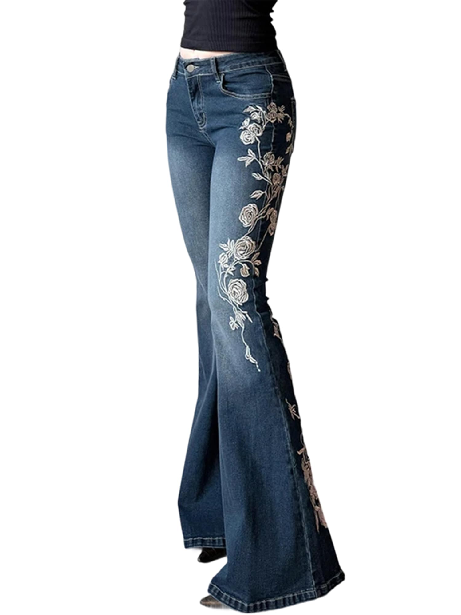 Women Bell Bottom Jeans Stretchy Flare Mid Rise Embroidery Vintage Denim Pants 90s Outfits Y2k Clothes