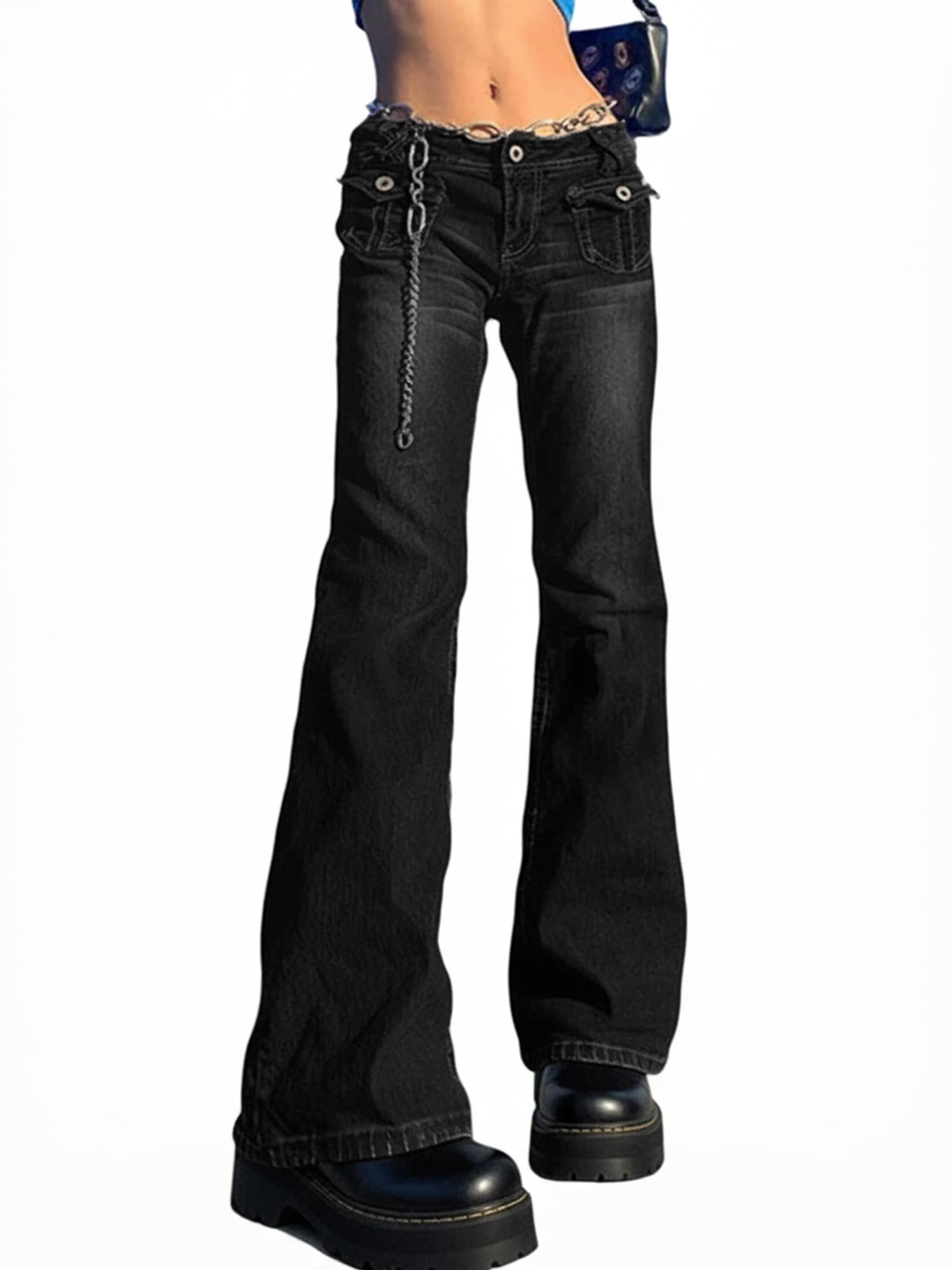 Women Bell Bottom Jeans Stretchy Flare Mid Rise Embroidery Vintage Denim Pants 90s Outfits Y2k Clothes
