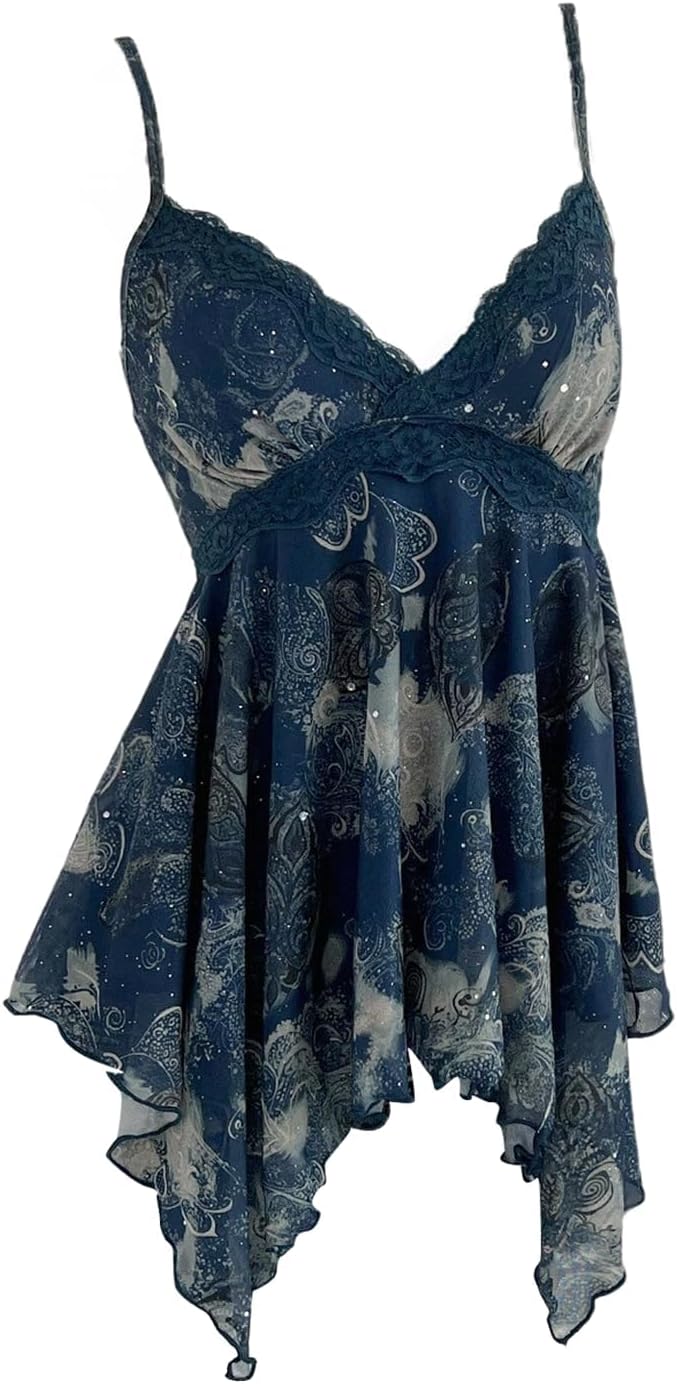 Verdusa Women's Y2K Babydoll Tops Lace Sequin Going Out Top V Neck Camisole Ruffle Peplum Shirts
