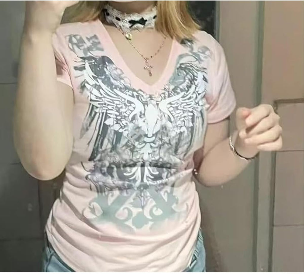 Grunge Shirts Emo Clothes Teen Girls Vintage Graphic Tee Y2k 2000s Goth Top Women Mcbling Short Sleeve Streetwear