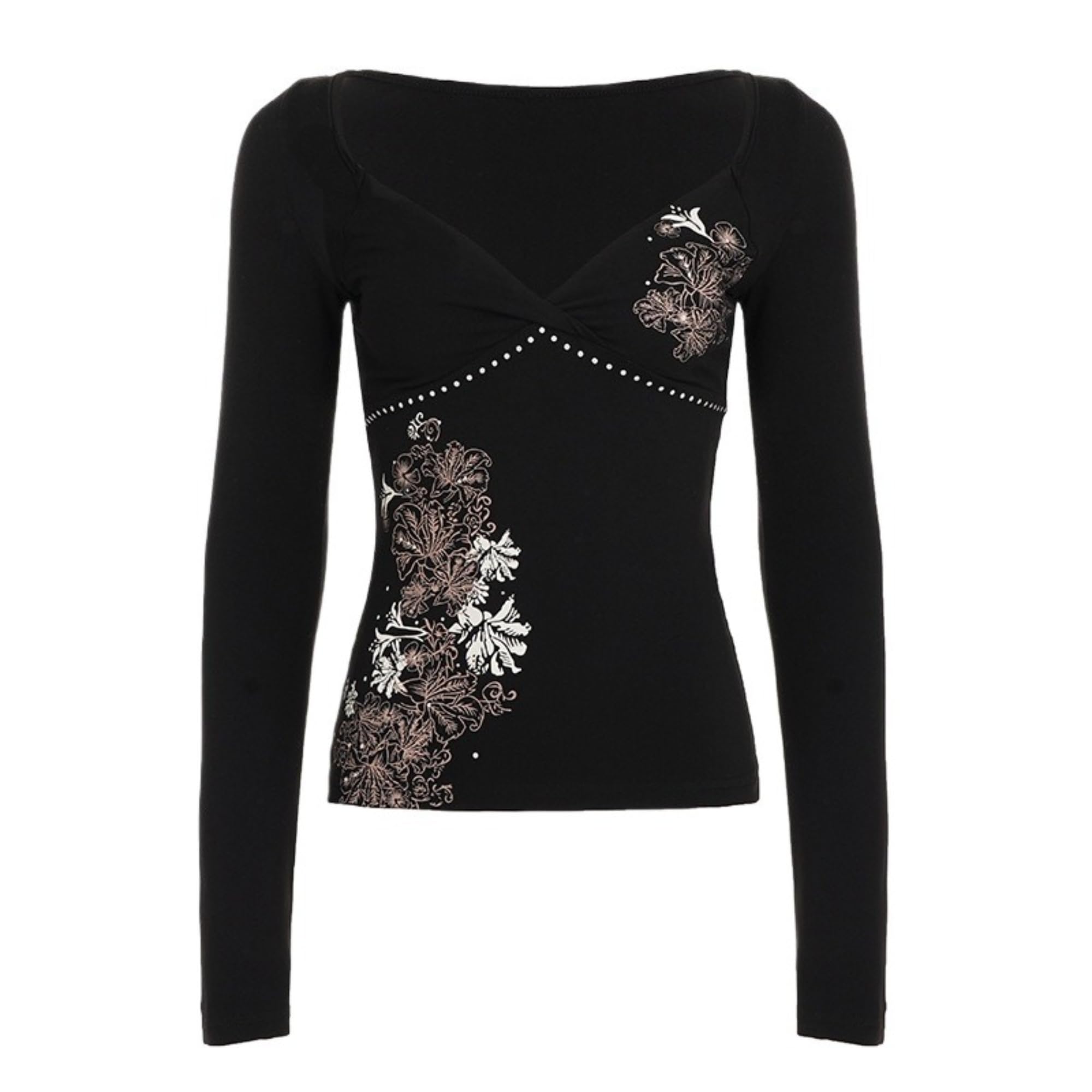 Y2k V Neck Floral Tops Women Fairy Grunge Vintage Long Sleeve Top 2000s Emo Graphic Cute Teen Girls Clothe