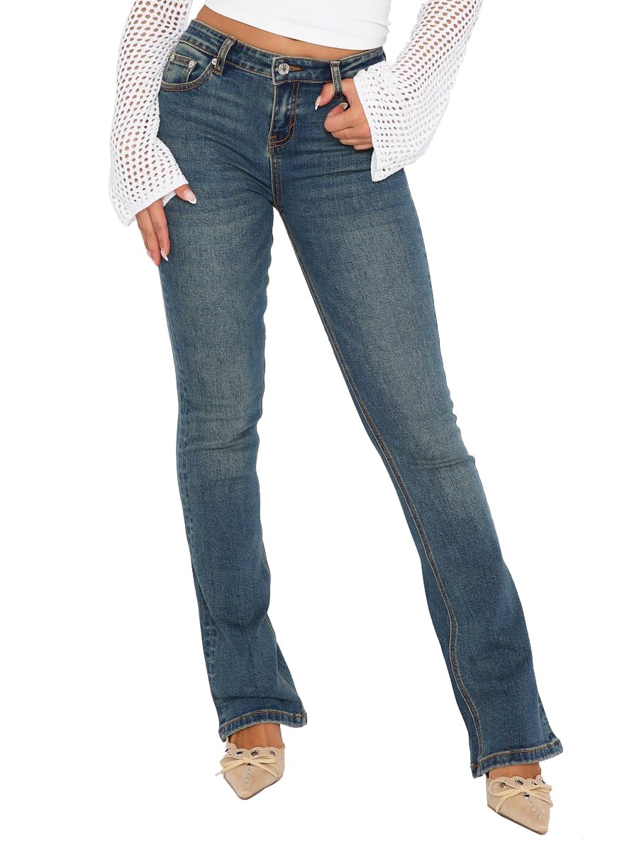 Women's Stretch Low Rise Double Button Elastic Skinny Vintage Flare Jeans