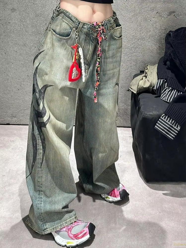 Unisex Y2K Streetwear Baggy Jeans Retro Totem Print Goth Pants High Waisted Wide Leg Harajuku Hip-Hop Style