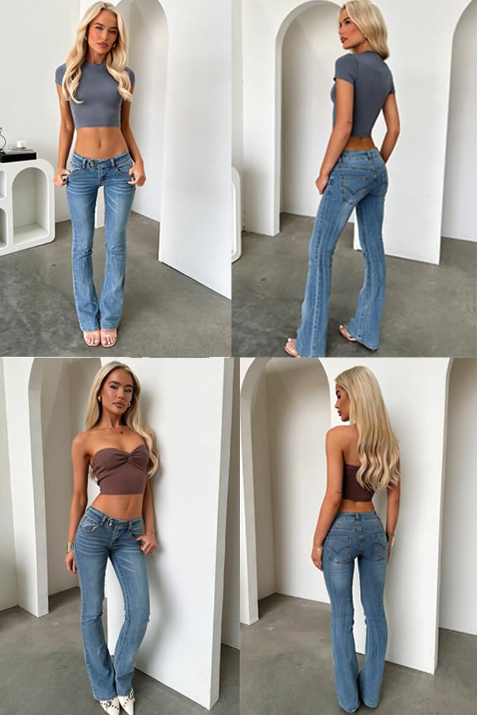 Women's Stretch Low Rise Double Button Elastic Skinny Vintage Flare Jeans