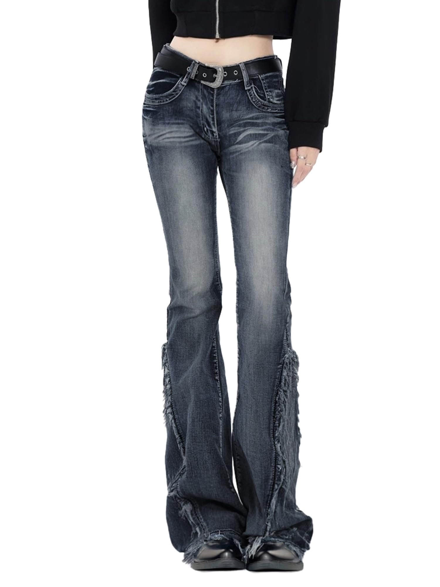 Women Bell Bottom Jeans Stretchy Flare Mid Rise Embroidery Vintage Denim Pants 90s Outfits Y2k Clothes