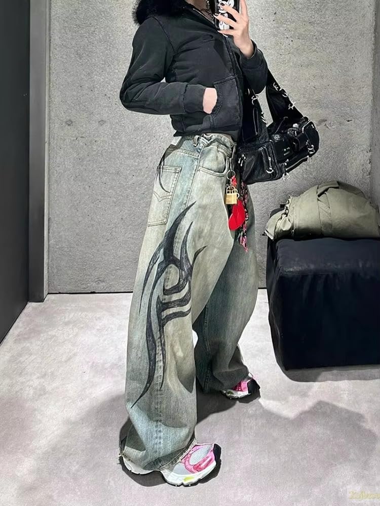 Unisex Y2K Streetwear Baggy Jeans Retro Totem Print Goth Pants High Waisted Wide Leg Harajuku Hip-Hop Style