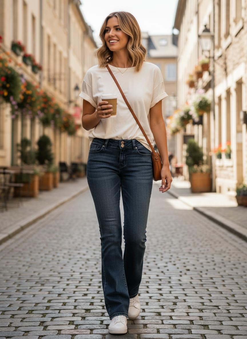 Women's Stretch Low Rise Double Button Elastic Skinny Vintage Flare Jeans