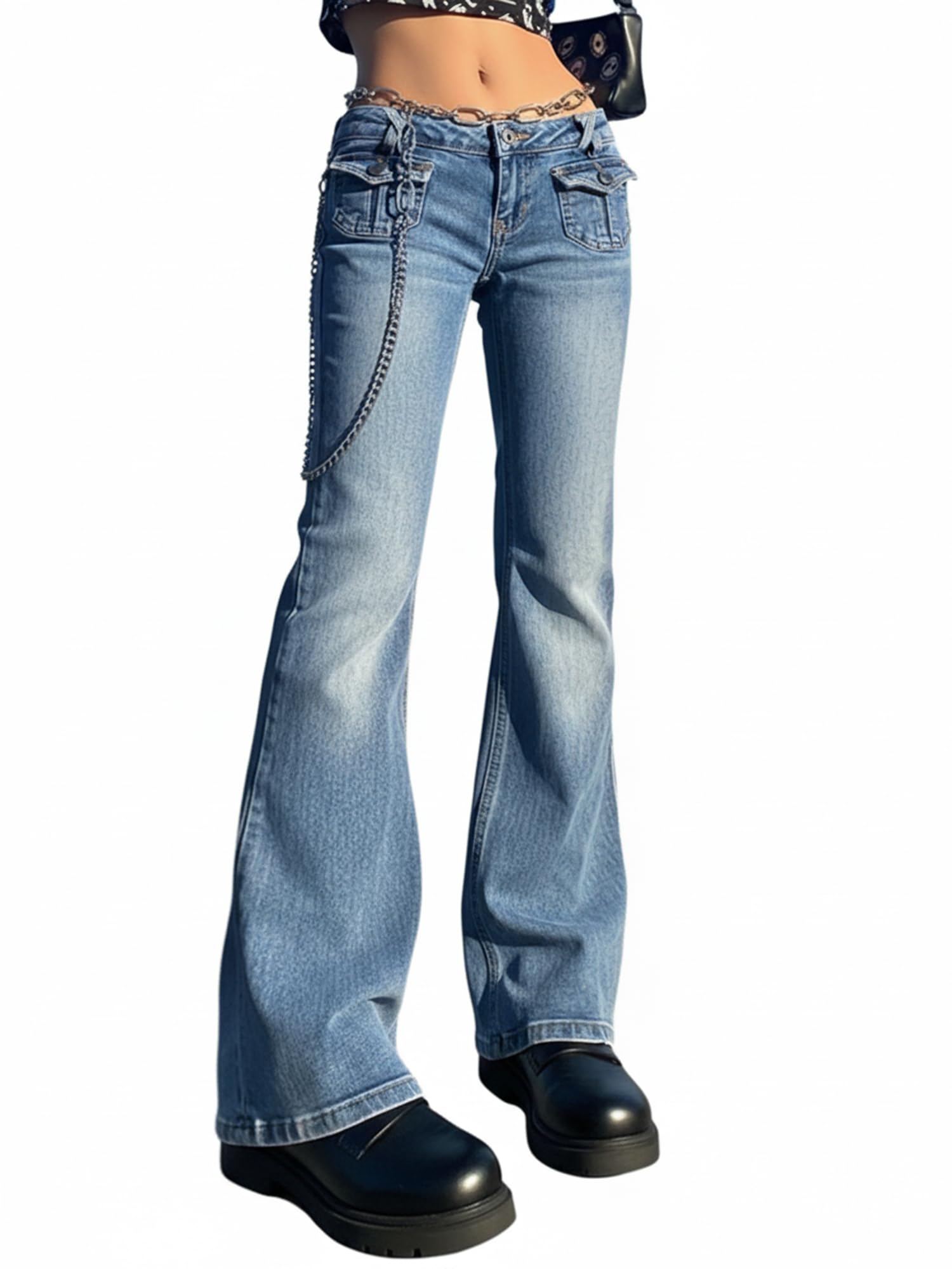Women Bell Bottom Jeans Stretchy Flare Mid Rise Embroidery Vintage Denim Pants 90s Outfits Y2k Clothes