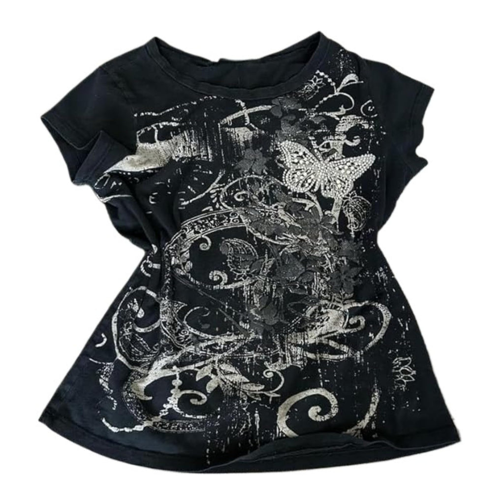 Grunge Shirts Emo Clothes Teen Girls Vintage Graphic Tee Y2k 2000s Goth Top Women Mcbling Short Sleeve Streetwear