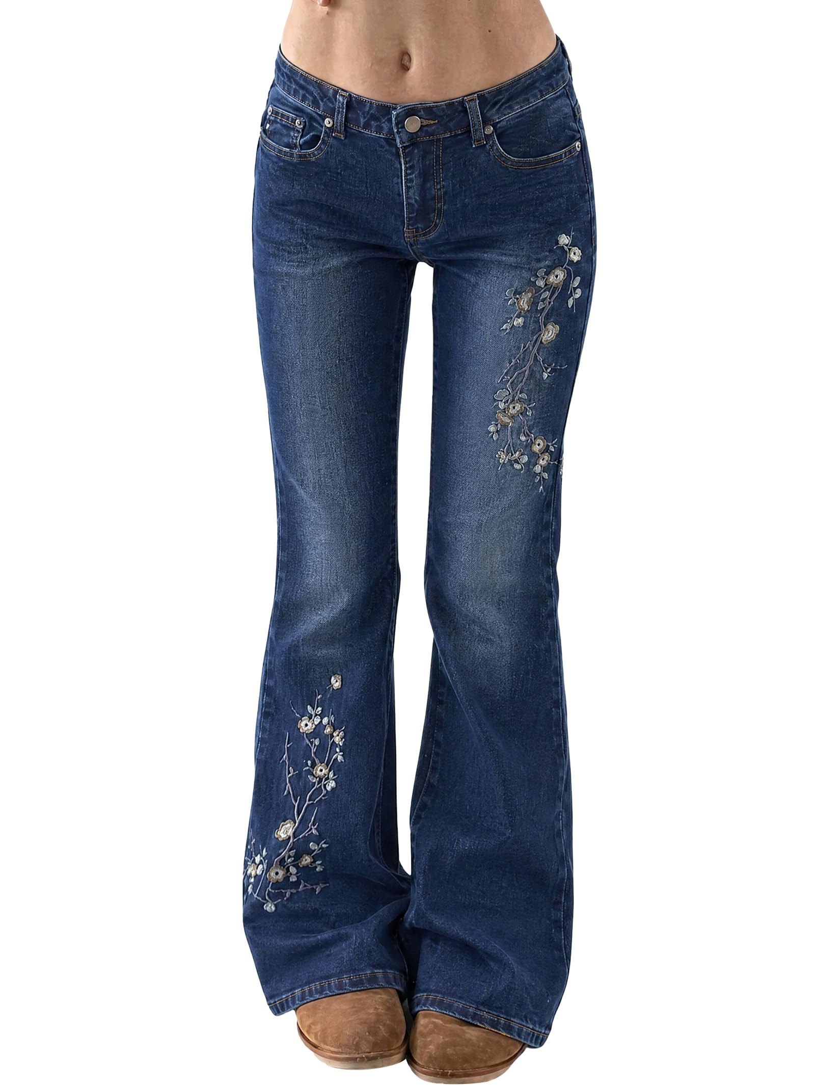 Women Bell Bottom Jeans Stretchy Flare Mid Rise Embroidery Vintage Denim Pants 90s Outfits Y2k Clothes