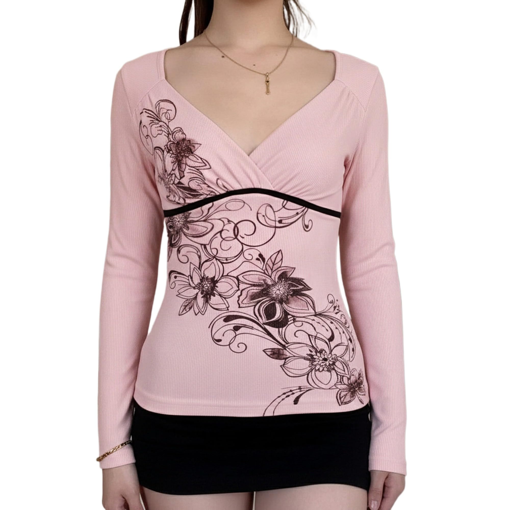 Y2k V Neck Floral Tops Women Fairy Grunge Vintage Long Sleeve Top 2000s Emo Graphic Cute Teen Girls Clothe