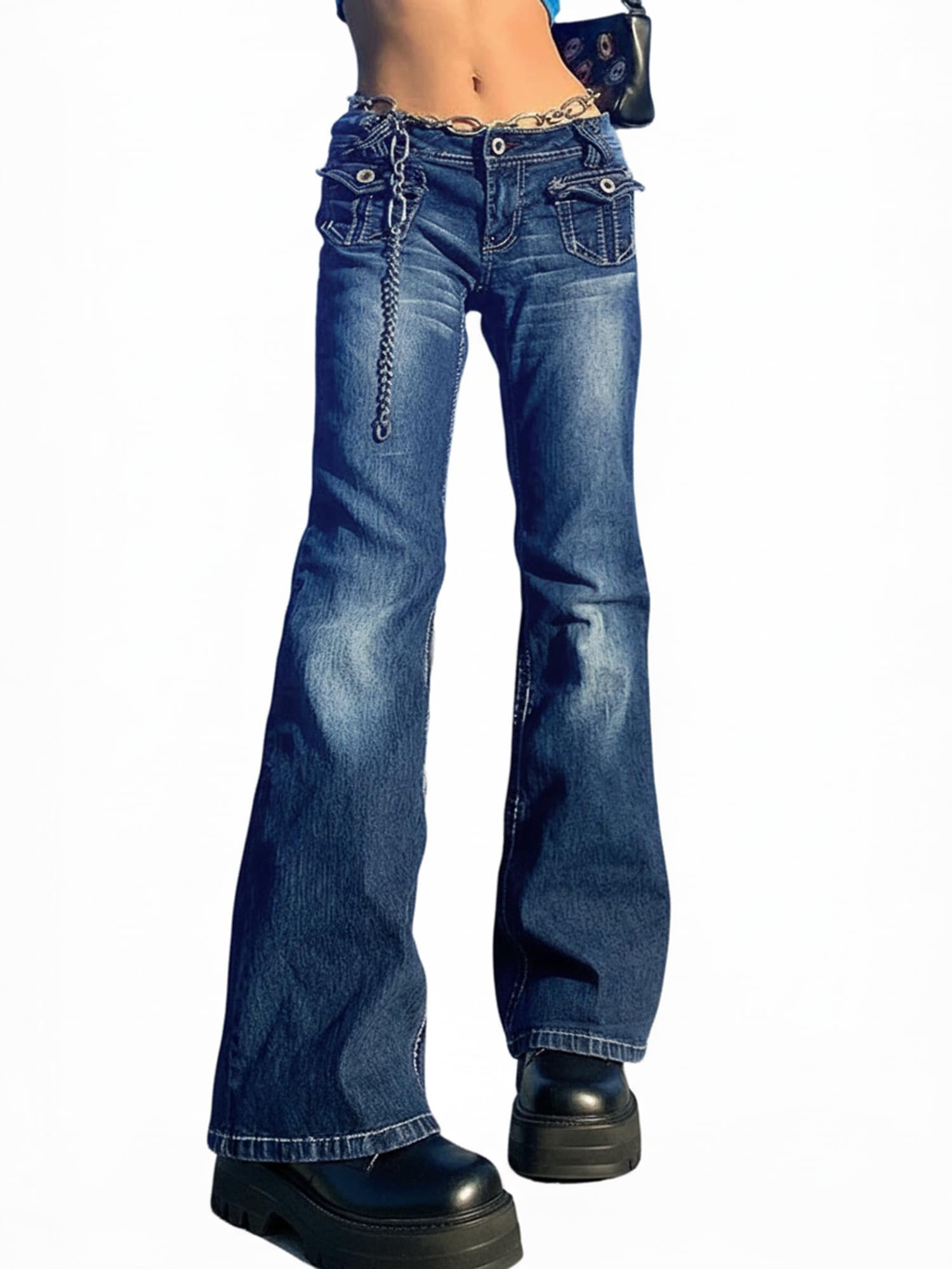 Women Bell Bottom Jeans Stretchy Flare Mid Rise Embroidery Vintage Denim Pants 90s Outfits Y2k Clothes