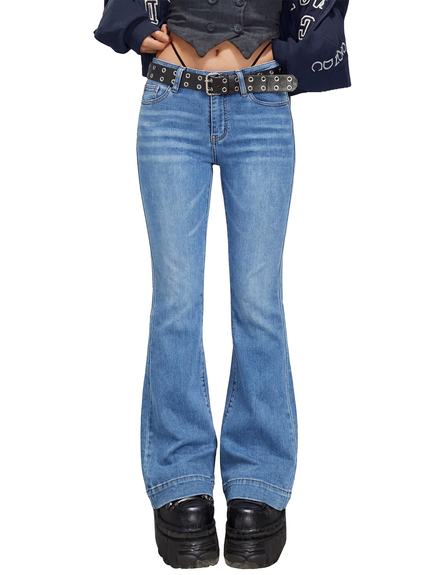 Women Bell Bottom Jeans Stretchy Flare Mid Rise Embroidery Vintage Denim Pants 90s Outfits Y2k Clothes