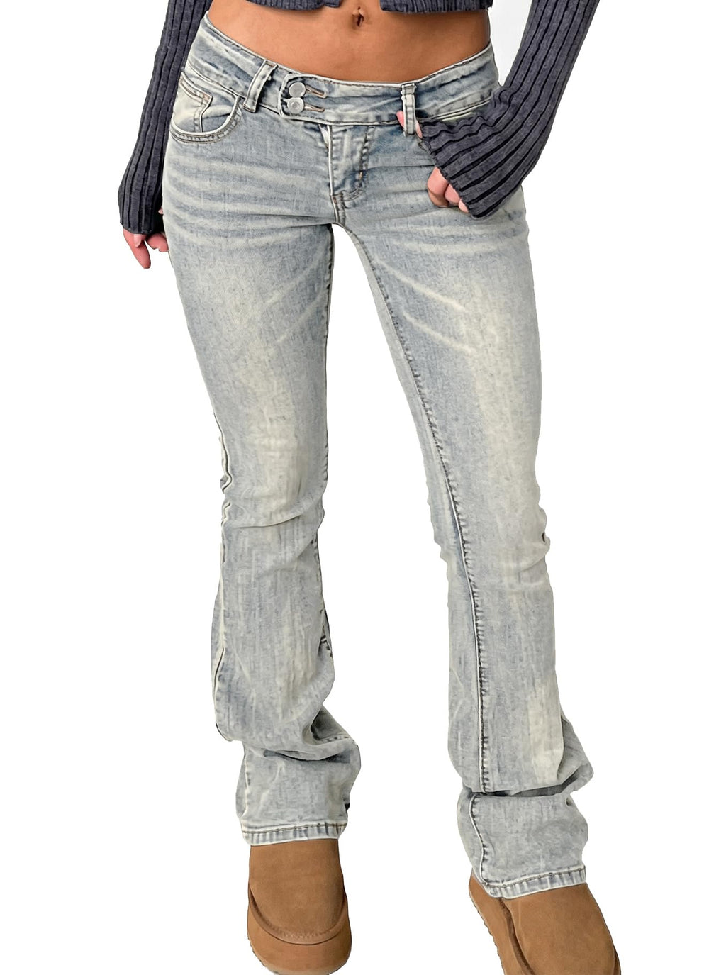 Women's Stretch Low Rise Double Button Elastic Skinny Vintage Flare Jeans