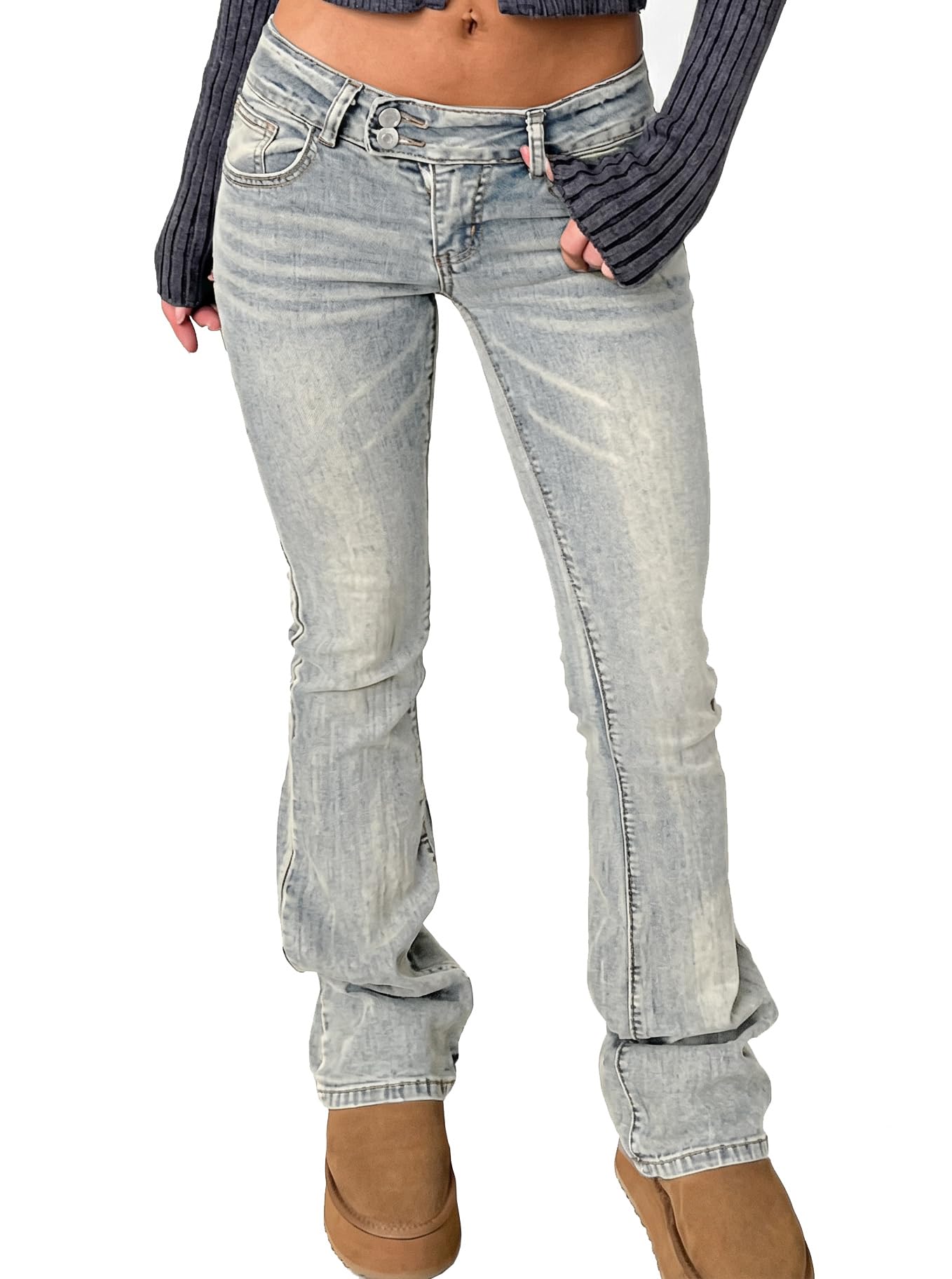 Women's Stretch Low Rise Double Button Elastic Skinny Vintage Flare Jeans