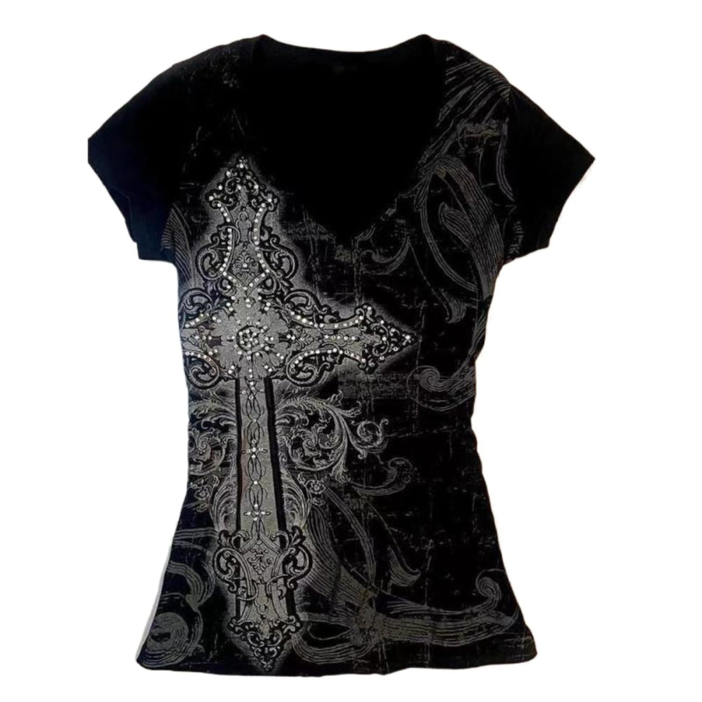 Grunge Shirts Emo Clothes Teen Girls Vintage Graphic Tee Y2k 2000s Goth Top Women Mcbling Short Sleeve Streetwear