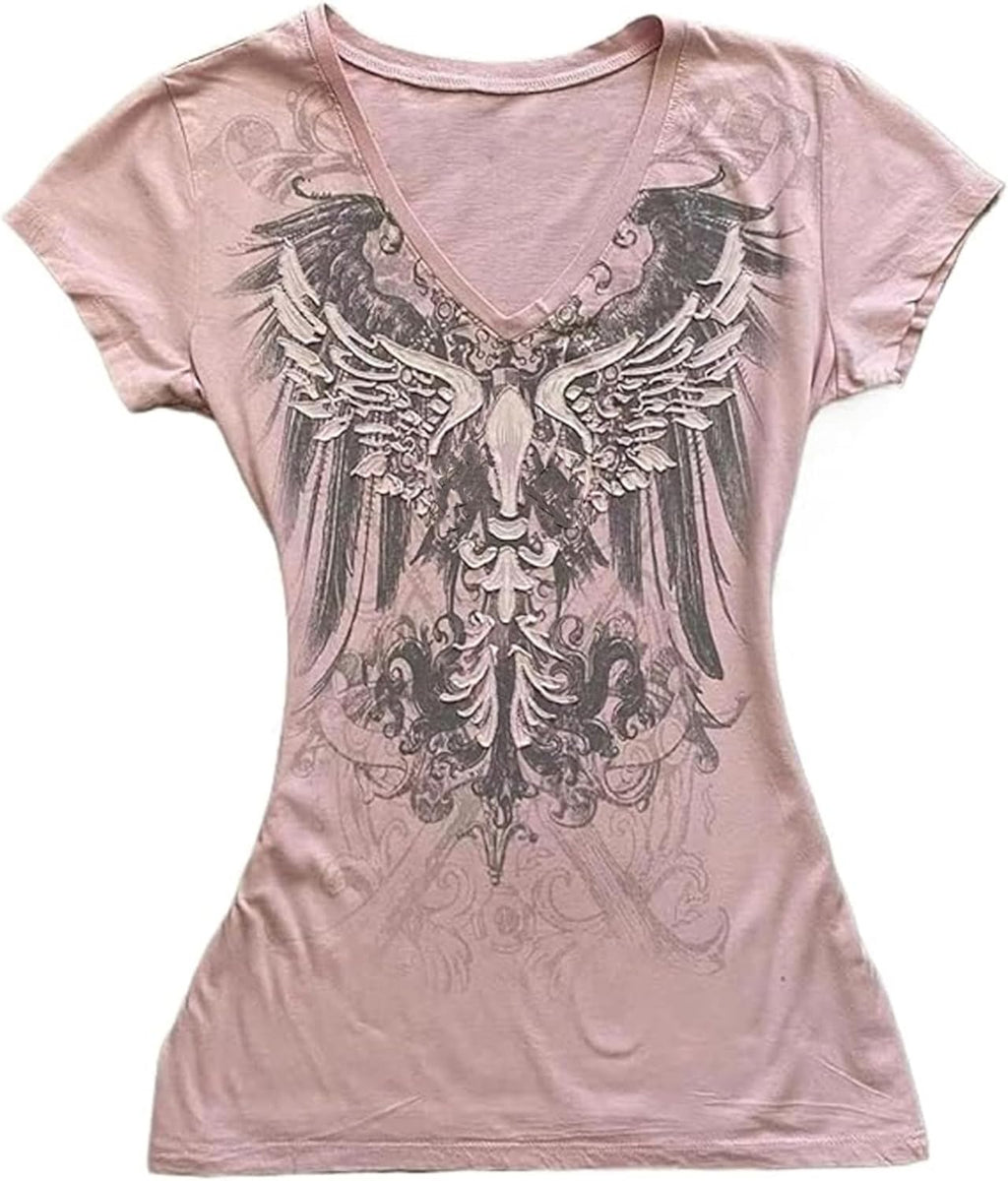 Grunge Shirts Emo Clothes Teen Girls Vintage Graphic Tee Y2k 2000s Goth Top Women Mcbling Short Sleeve Streetwear