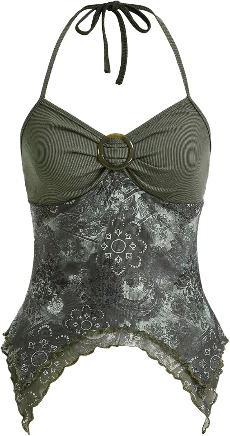 Verdusa Women's Y2k Halter Top Fairy 2000s Clothing Asymmetrical Going Out Tops Aesthetic Whimsical Clothes