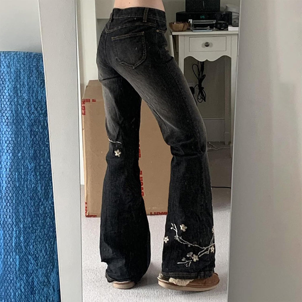 Women Bell Bottom Jeans Stretchy Flare Mid Rise Embroidery Vintage Denim Pants 90s Outfits Y2k Clothes