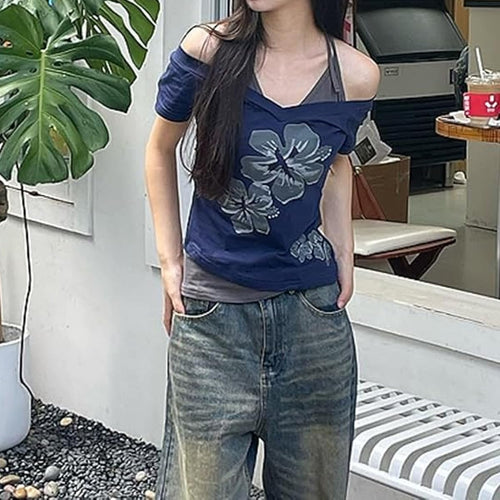 Emo Grunge Shirts Women 2000s Graphic Baby Tees Fake Two Piece Short Sleeve Vintage Y2k Crop Top Goth Alt Clothes