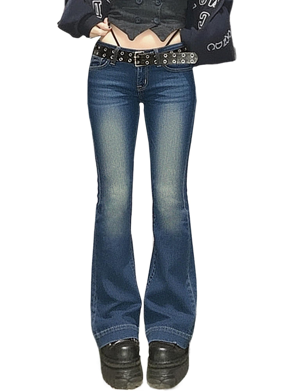 Women Bell Bottom Jeans Stretchy Flare Mid Rise Embroidery Vintage Denim Pants 90s Outfits Y2k Clothes