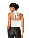 WDIRARA Women's Leopard Print Ruched Halter Crop Tops V Neck Tie Back Sleeveless Slim Fit Cami Tops