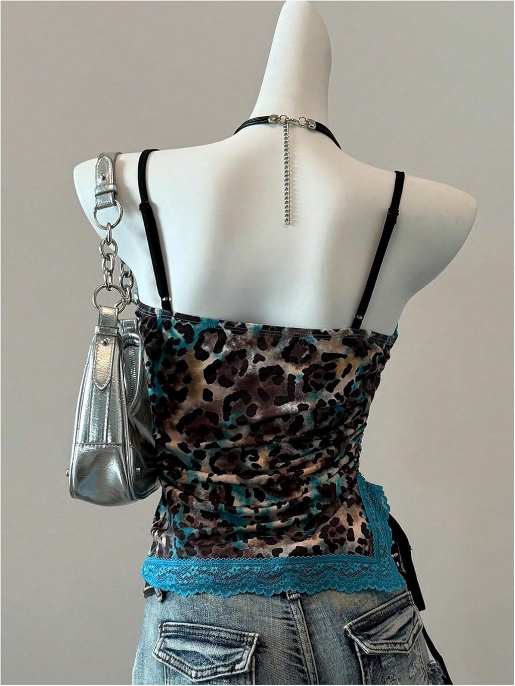 SweatyRocks Women's Cheetah Print Tank Tops Lace Camisole Spaghetti Strap Ruched Asymmetrical Y2K Shirts