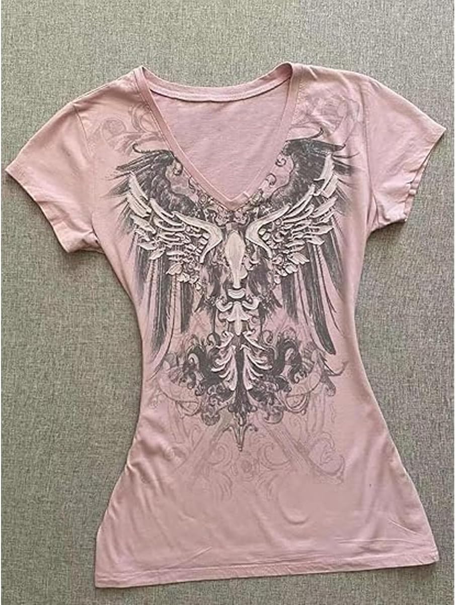 Grunge Shirts Emo Clothes Teen Girls Vintage Graphic Tee Y2k 2000s Goth Top Women Mcbling Short Sleeve Streetwear
