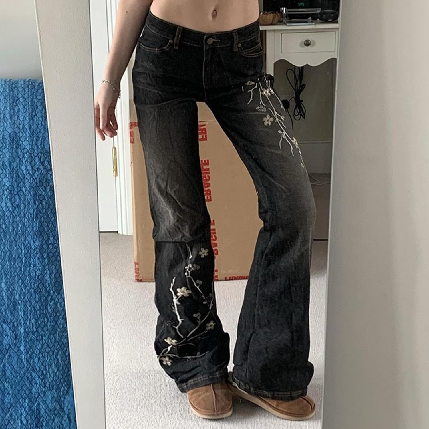 Women Bell Bottom Jeans Stretchy Flare Mid Rise Embroidery Vintage Denim Pants 90s Outfits Y2k Clothes