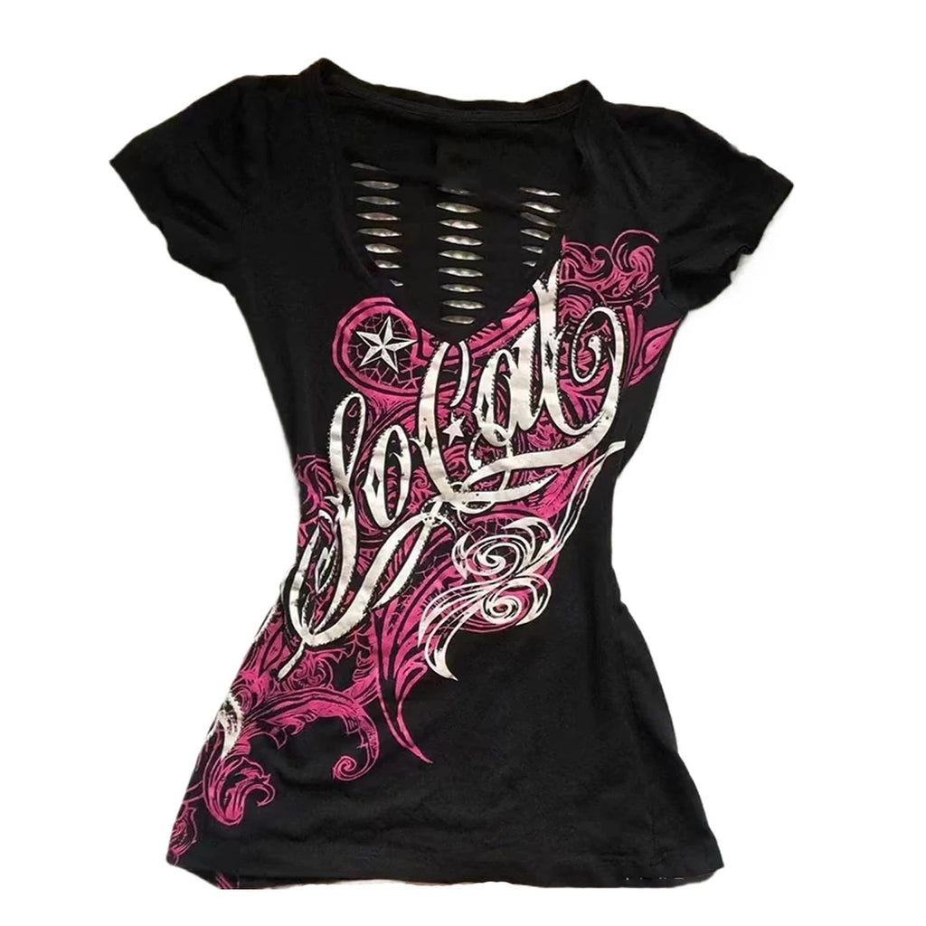 Grunge Shirts Emo Clothes Teen Girls Vintage Graphic Tee Y2k 2000s Goth Top Women Mcbling Short Sleeve Streetwear