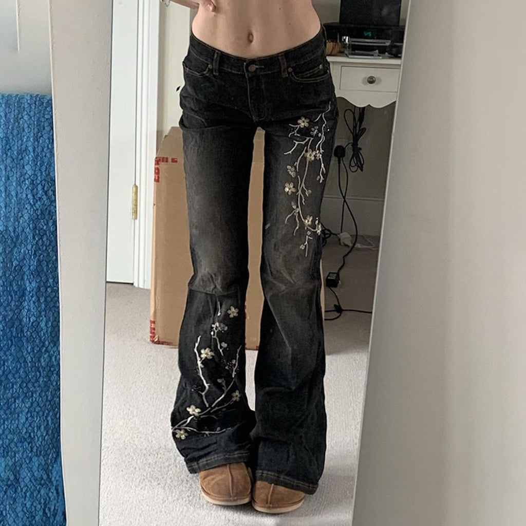 Women Bell Bottom Jeans Stretchy Flare Mid Rise Embroidery Vintage Denim Pants 90s Outfits Y2k Clothes