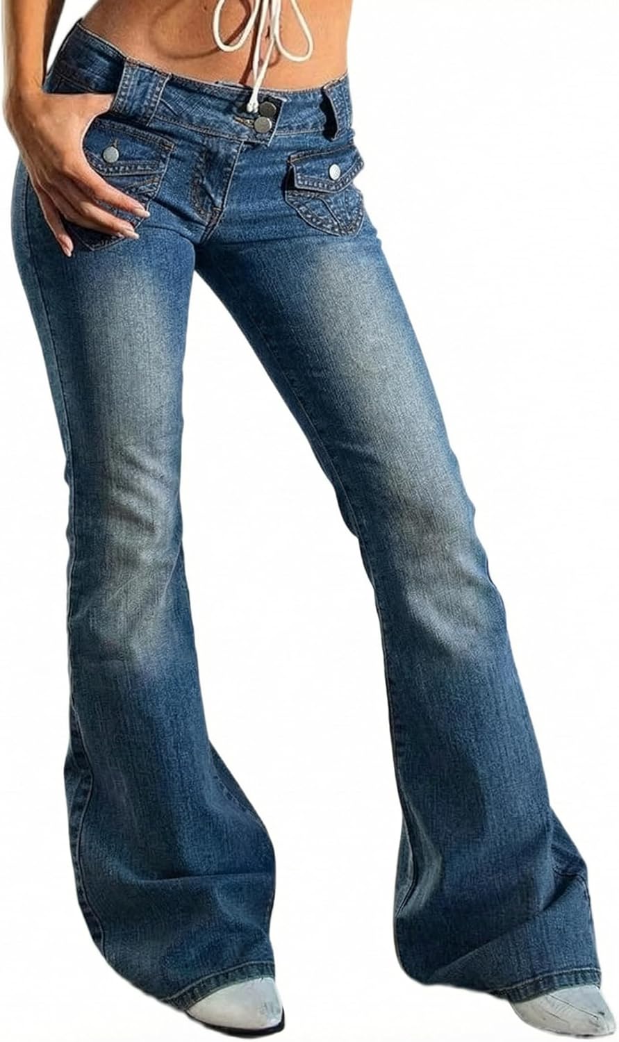Women's Stretch Low Rise Double Button Elastic Skinny Vintage Flare Jeans