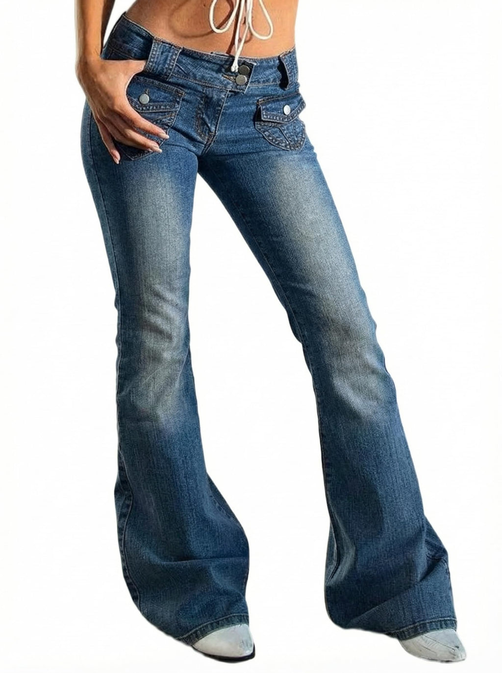 Women's Stretch Low Rise Double Button Elastic Skinny Vintage Flare Jeans