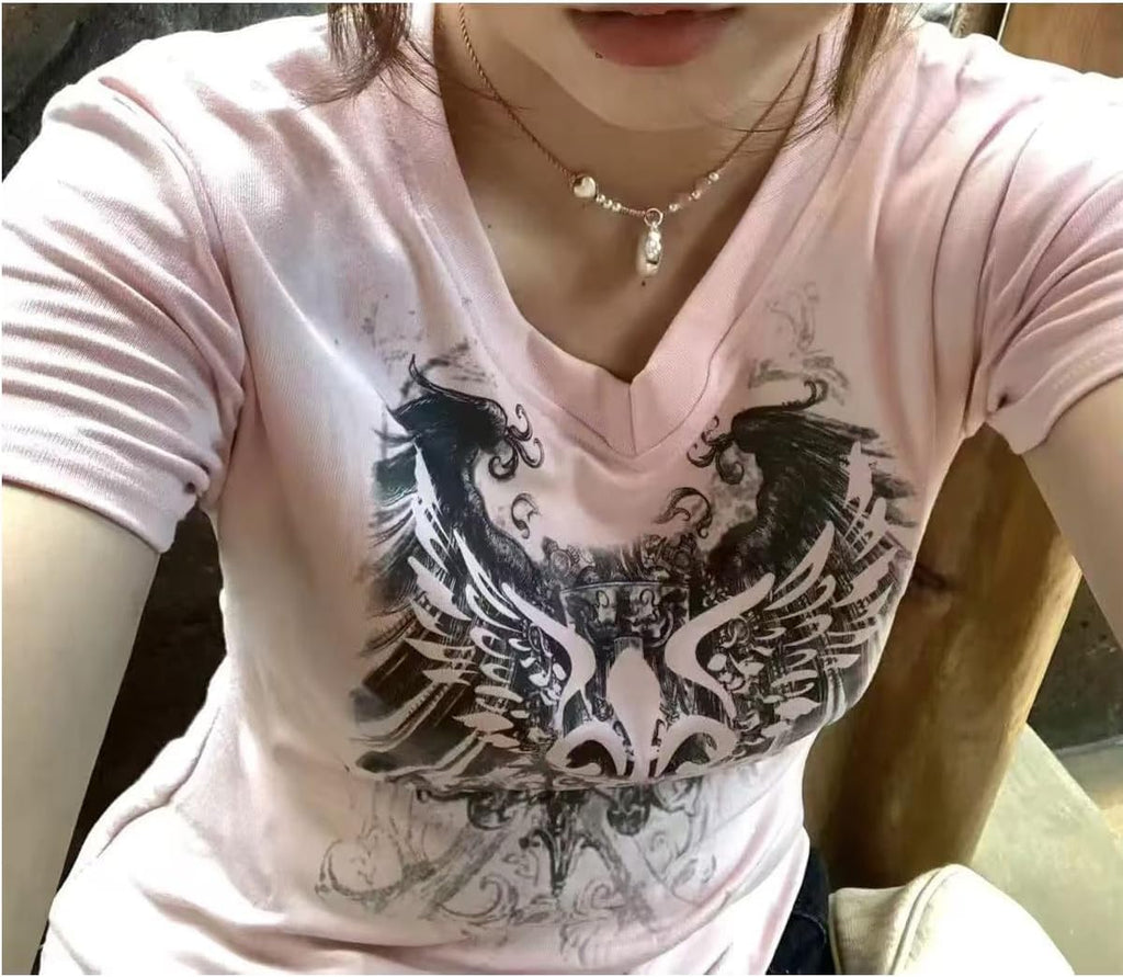Grunge Shirts Emo Clothes Teen Girls Vintage Graphic Tee Y2k 2000s Goth Top Women Mcbling Short Sleeve Streetwear
