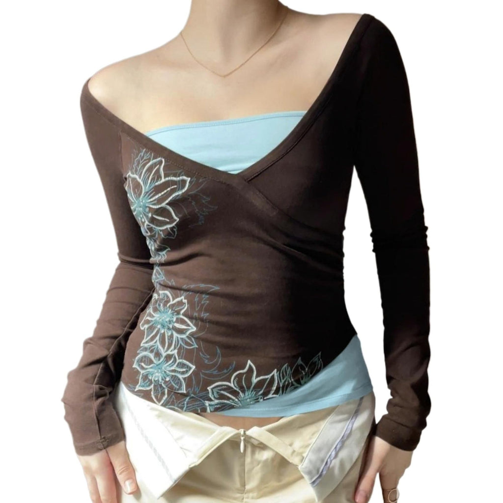 Y2k V Neck Floral Tops Women Fairy Grunge Vintage Long Sleeve Top 2000s Emo Graphic Cute Teen Girls Clothe