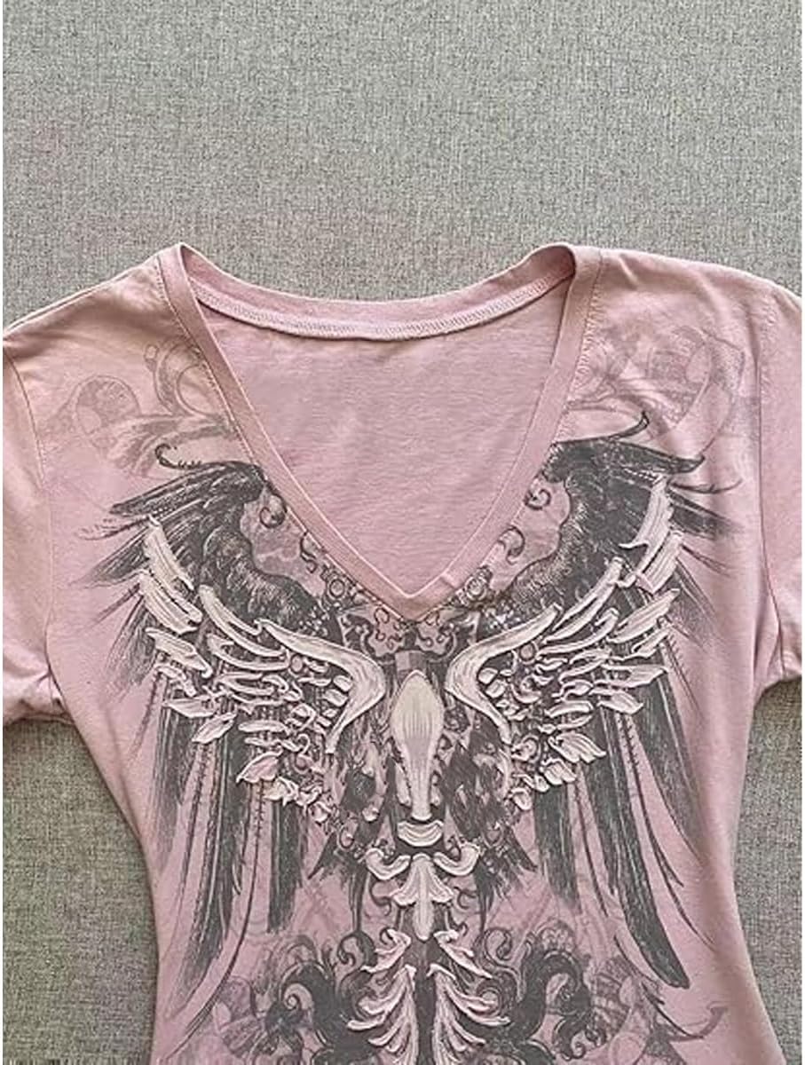Grunge Shirts Emo Clothes Teen Girls Vintage Graphic Tee Y2k 2000s Goth Top Women Mcbling Short Sleeve Streetwear