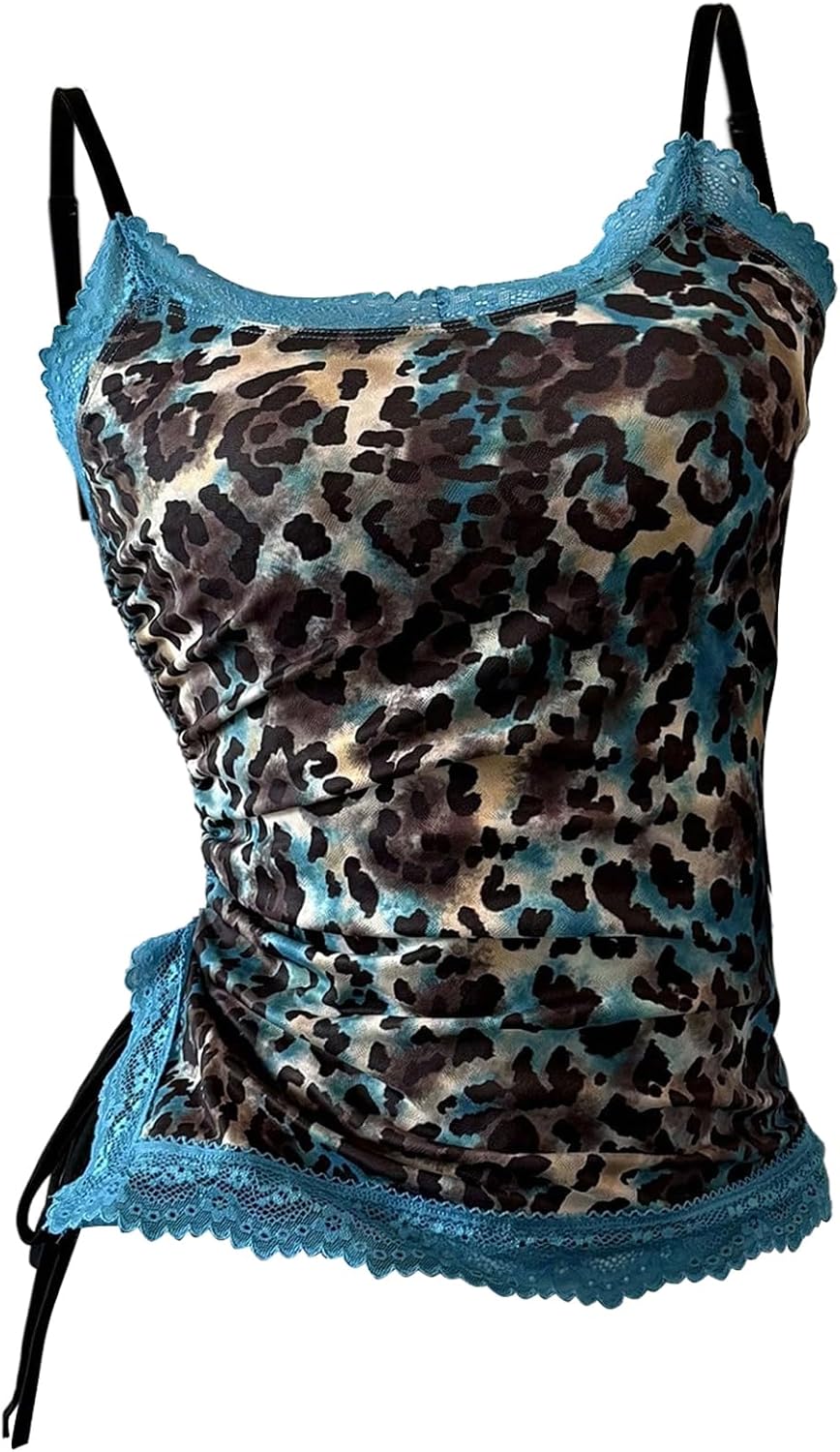 SweatyRocks Women's Cheetah Print Tank Tops Lace Camisole Spaghetti Strap Ruched Asymmetrical Y2K Shirts