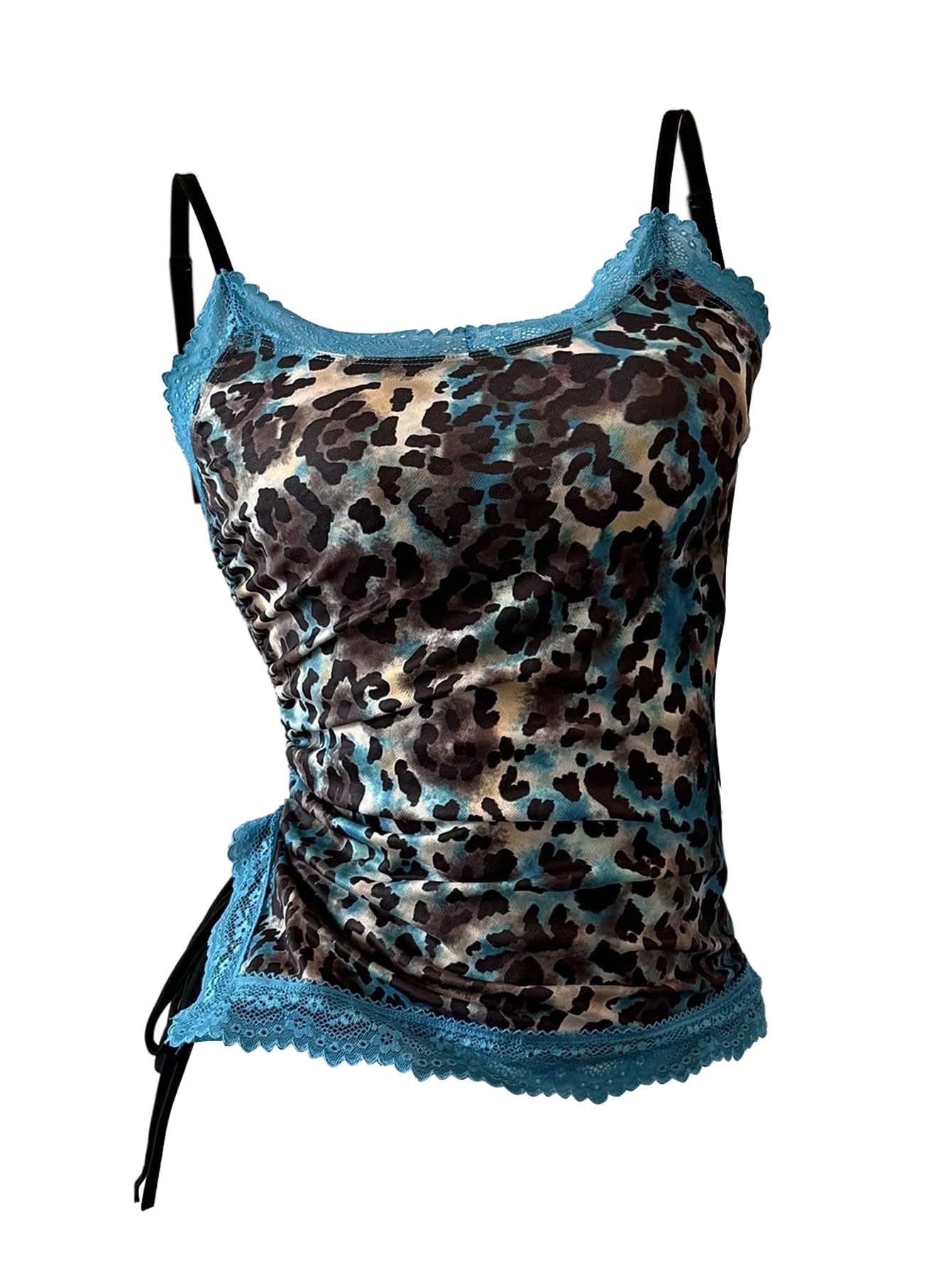SweatyRocks Women's Cheetah Print Tank Tops Lace Camisole Spaghetti Strap Ruched Asymmetrical Y2K Shirts