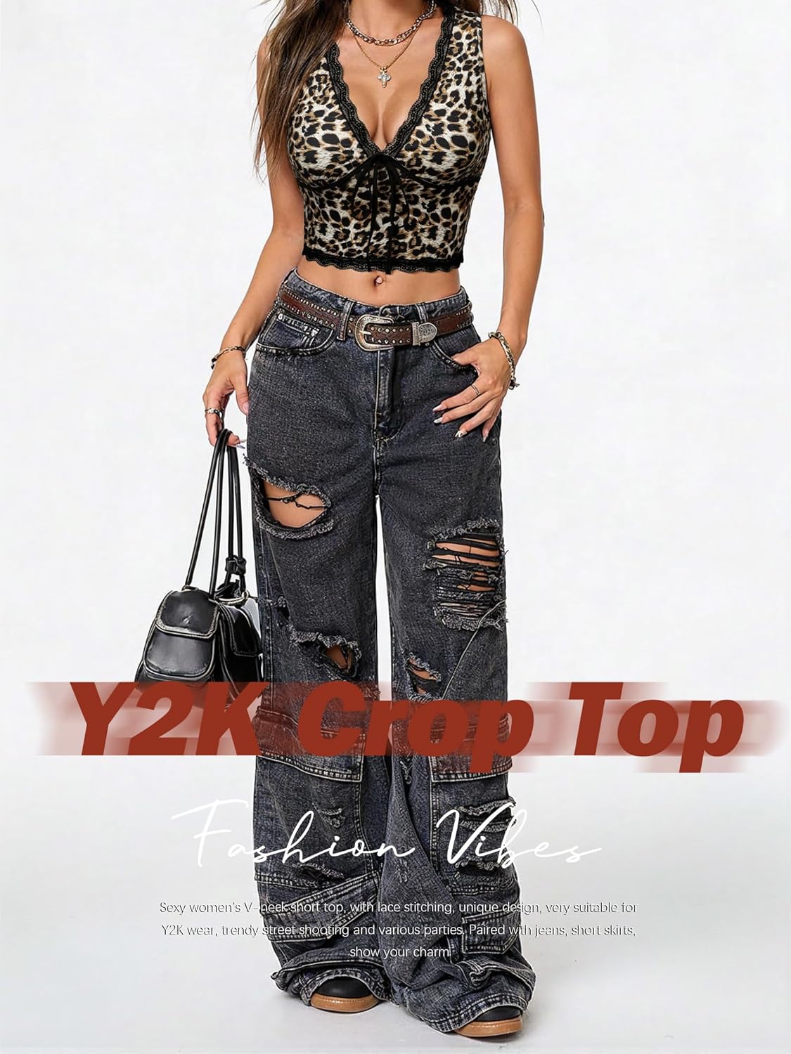 Womens Leopard Lace Trim Sexy Tank Tops Bow Tie Front Sleeveless Cheetah Print V Neck Tops Y2K Going Out Crop Top
