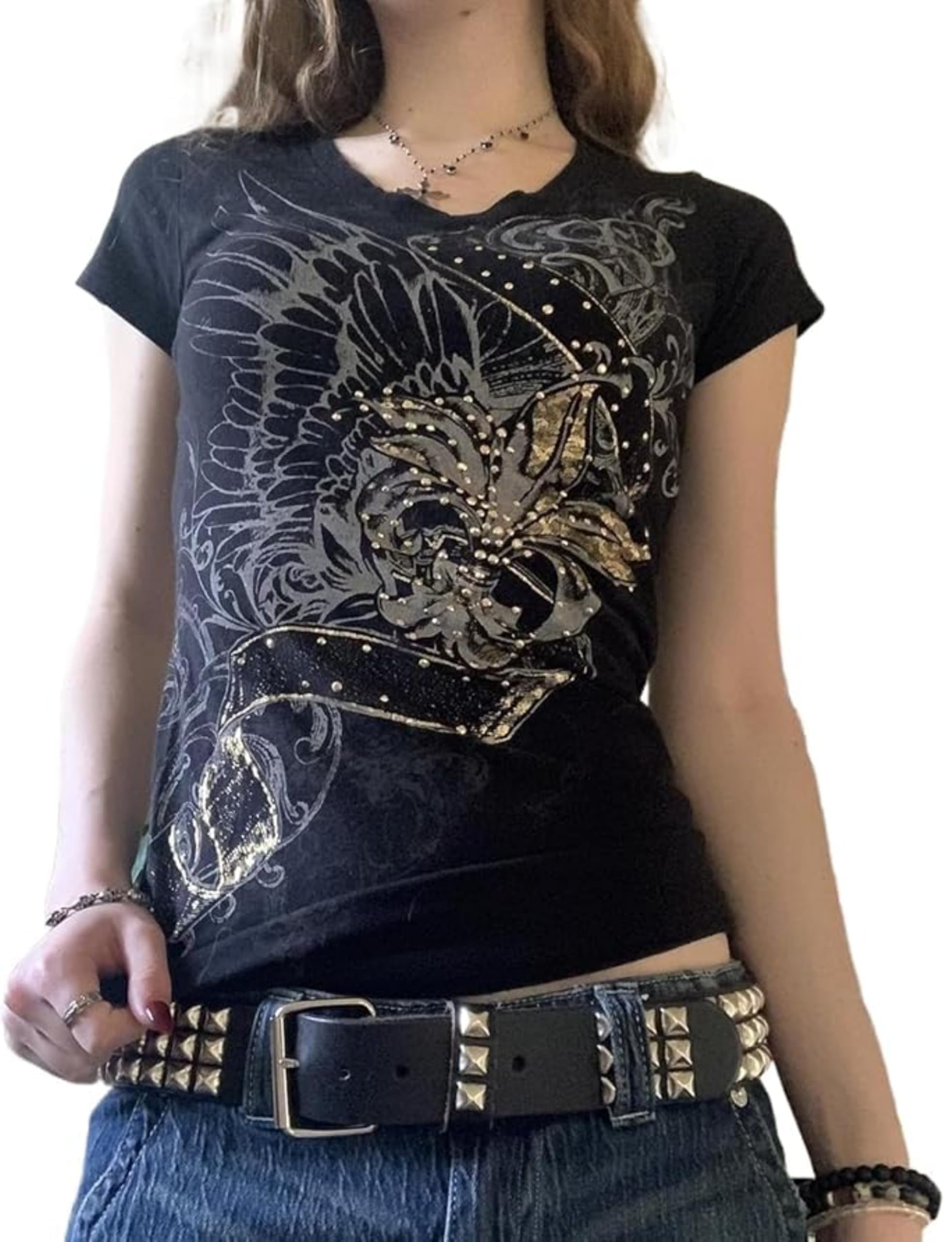 Grunge Shirts Emo Clothes Teen Girls Vintage Graphic Tee Y2k 2000s Goth Top Women Mcbling Short Sleeve Streetwear