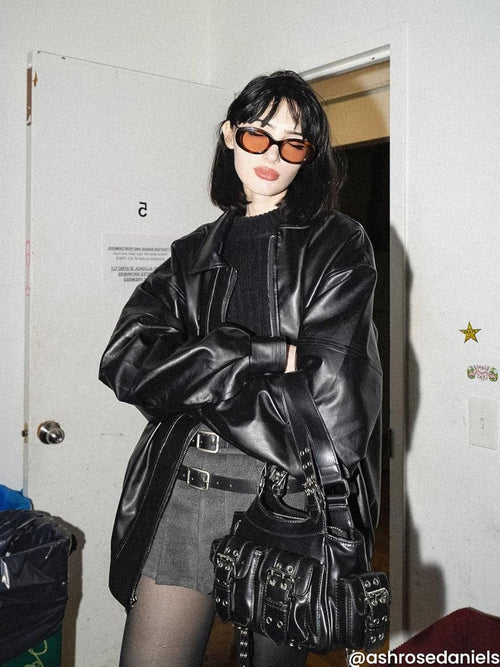 Aelfric Eden Womens Leather Jacket Oversized Y2k Faux Motorcycle Bomber Moto Biker Jackets Coats