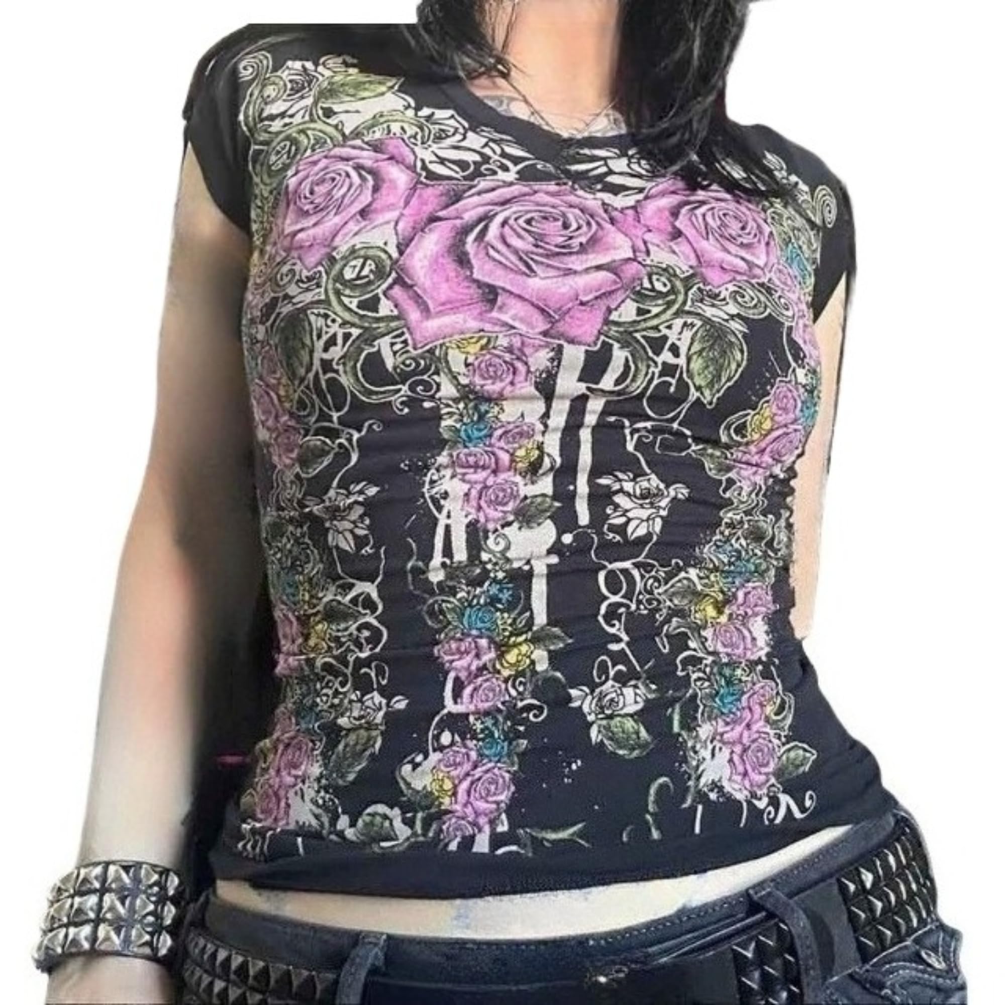 Grunge Shirts Emo Clothes Teen Girls Vintage Graphic Tee Y2k 2000s Goth Top Women Mcbling Short Sleeve Streetwear