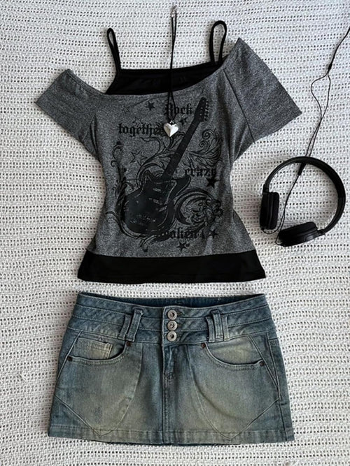 Emo Grunge Shirts Women 2000s Graphic Baby Tees Fake Two Piece Short Sleeve Vintage Y2k Crop Top Goth Alt Clothes