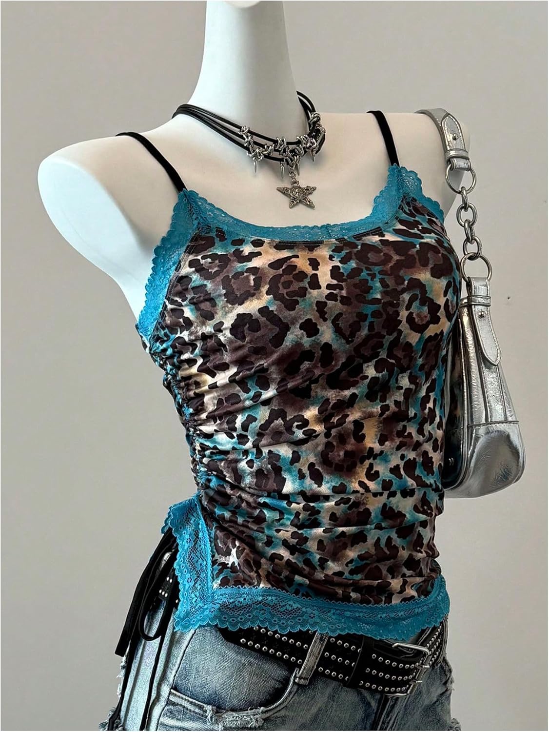 SweatyRocks Women's Cheetah Print Tank Tops Lace Camisole Spaghetti Strap Ruched Asymmetrical Y2K Shirts