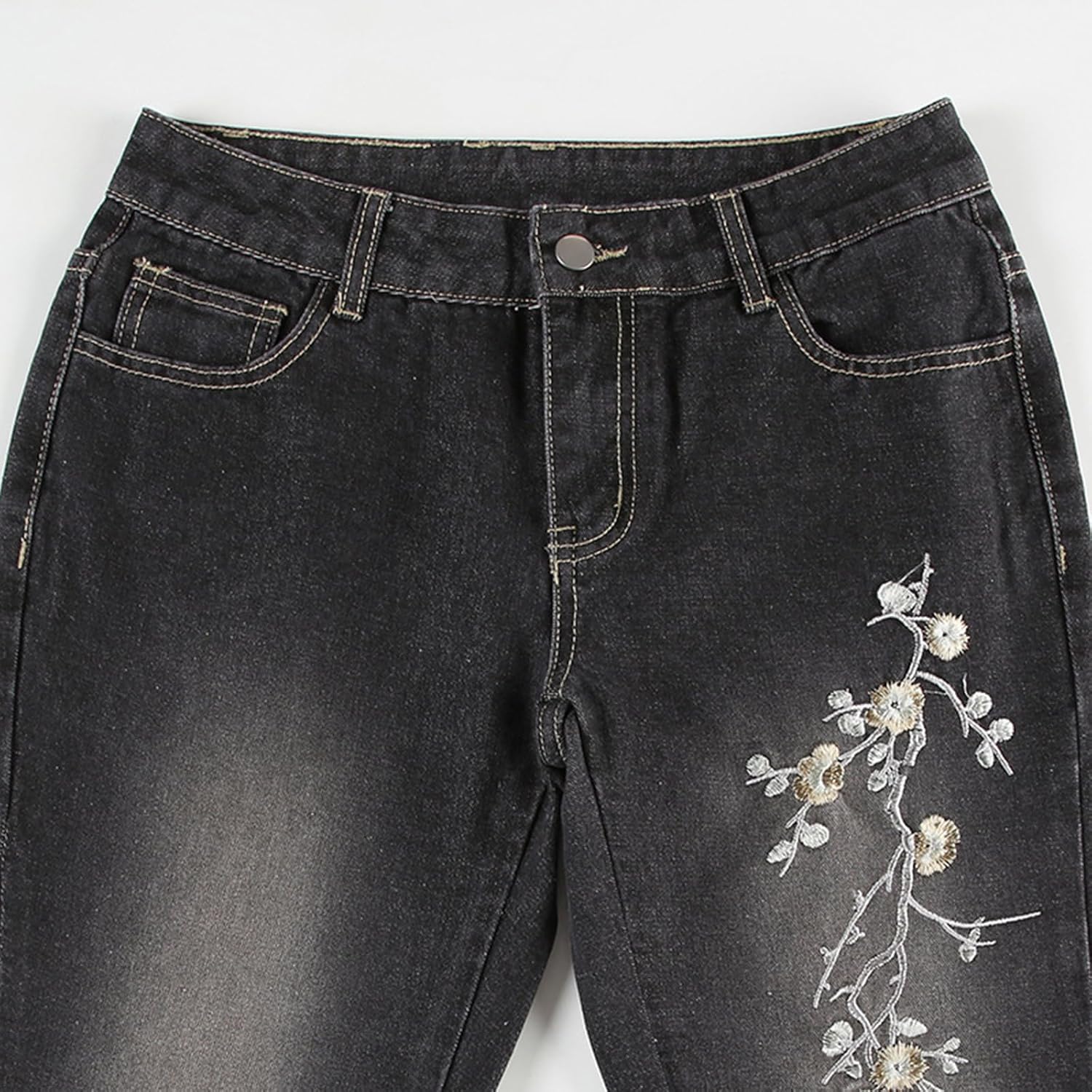 Women Bell Bottom Jeans Stretchy Flare Mid Rise Embroidery Vintage Denim Pants 90s Outfits Y2k Clothes